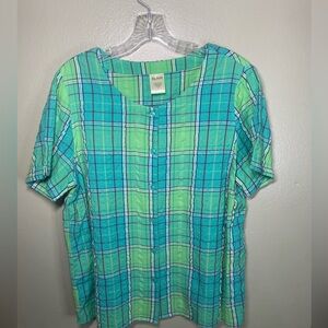 BLAIR  Womens L Large SHORT Sleeve Blue Yellow PLAID Shirt